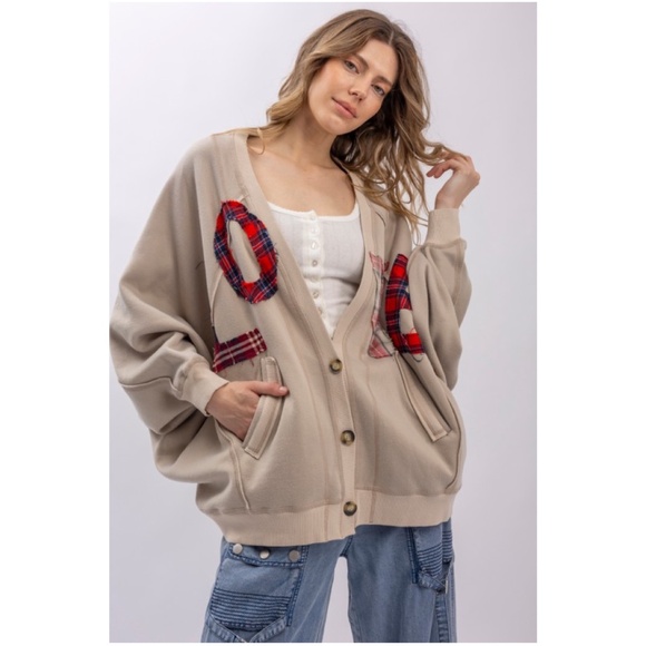 Bluevelvet Love Plaid Print Patch Button Down Loose Fit Cardigan - Picture 1 of 6